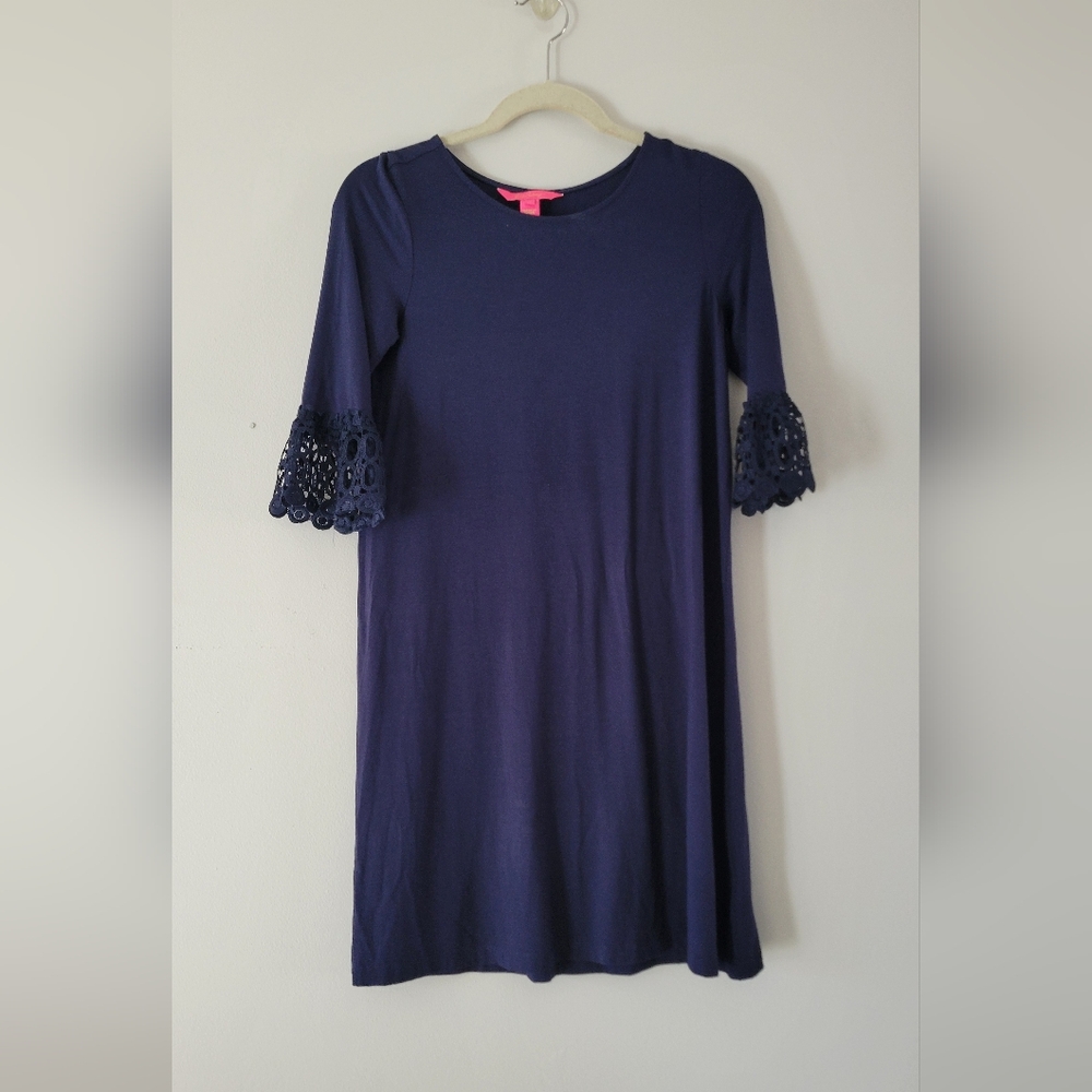 Lilly Pulitzer Navy Blue Ophelia Swing Dress Lace Sleeve Size S